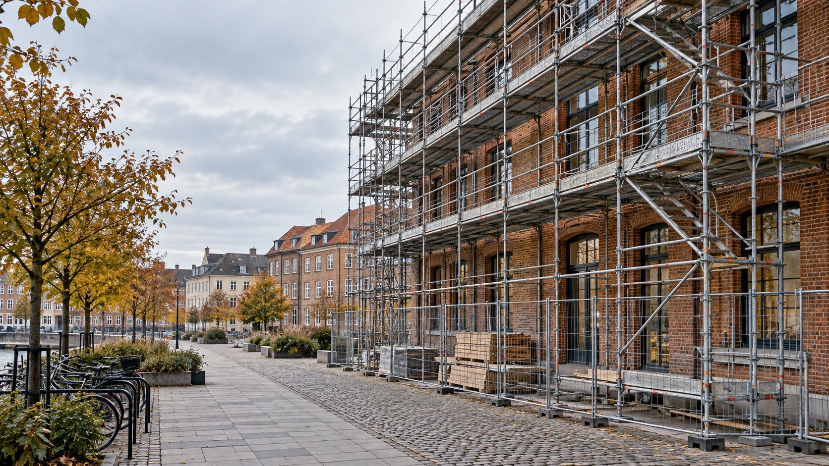 AI-genereret stillads ved dansk murstensbygning